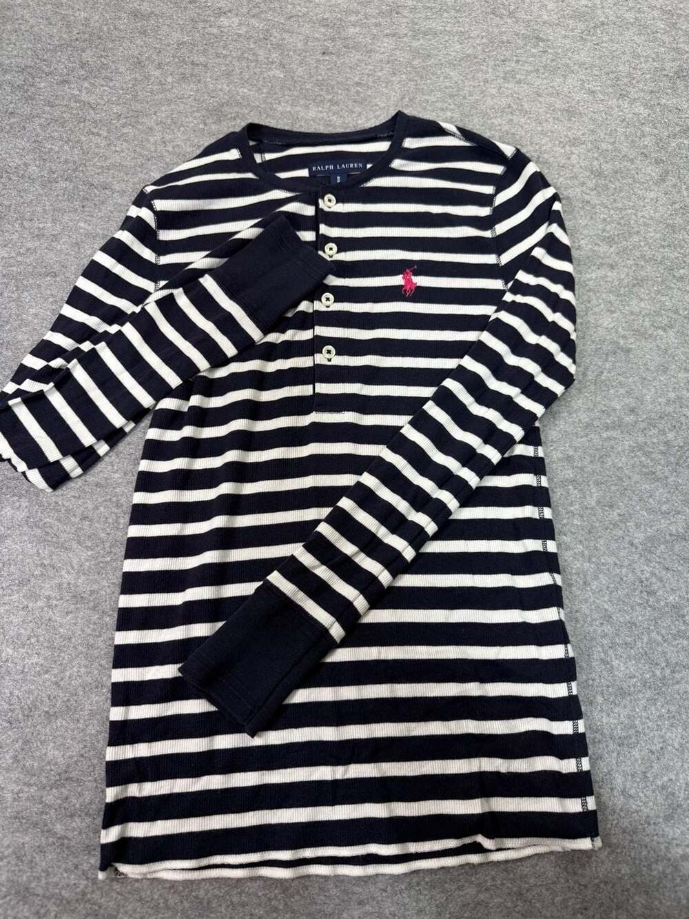 Ralph Lauren Navy and White Striped Ribbed Henley Long Sleeve Shirt